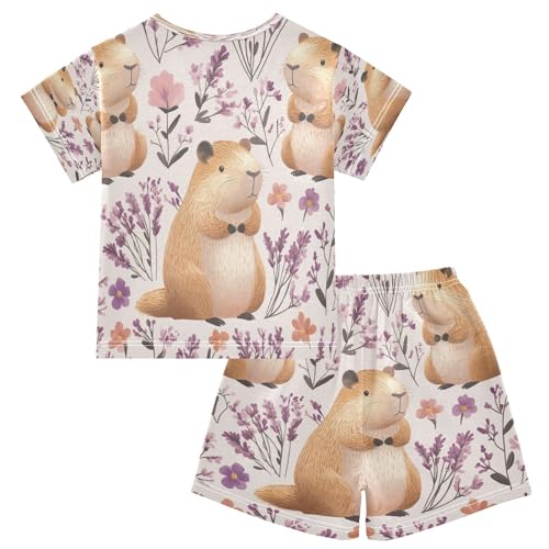 Pajama Sets Short Sleeve Cute Hamster Floral Background Soft Cotton Summer Sleepwear 2 Piece PJS Size 5-14T2