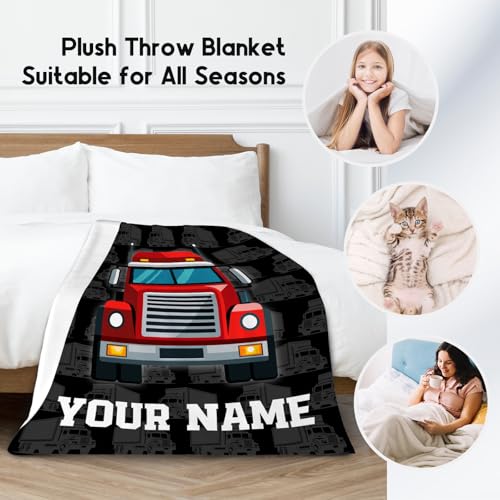 Personalized Truck Blanket, Cozy Soft Throw Gifts for Kids, Cute Black Flannel Throw Blankets for Bed Couch, 60x80 Inches