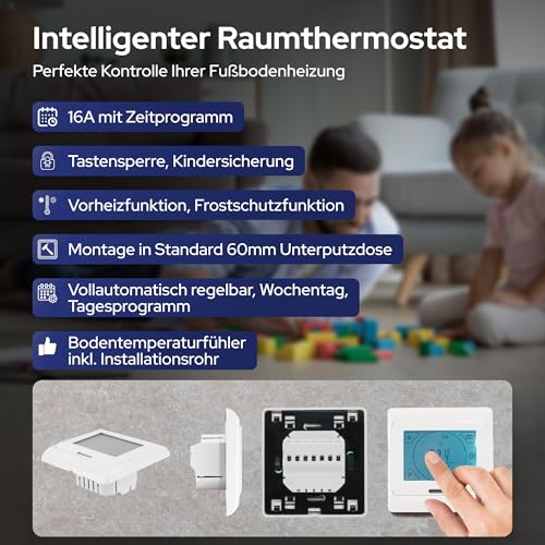 VILSTEIN Elektrische Fußbodenheizung 150W/ m², (Größe wählbar 1- 12m²) 50cm Breit Elektro Fußboden- Heizmatte für Fliesen- boden Fußboden- Heizsystem Elektrisch, Thermostat TWIN Technologie Komplett- Set-4