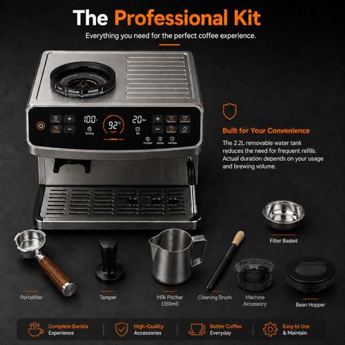 Image of Coffee Machine with Grinder for Home, 20 Bar Automatic Coffee Machine Bean to Cup, Barista Style Coffee Maker with Milk Frother Wand, Professional Espresso Maker for Office