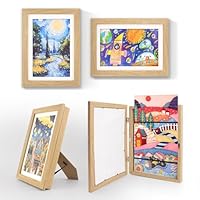 2 Pack A4 Kids Art Wooden Picture Frames Toddlers Nursery Artwork Wall Dispaly Changeable Fillable Childrens Drawings Storage Box, Hinged Magnetic Snap Photo Frame Front Open with Mount Stand