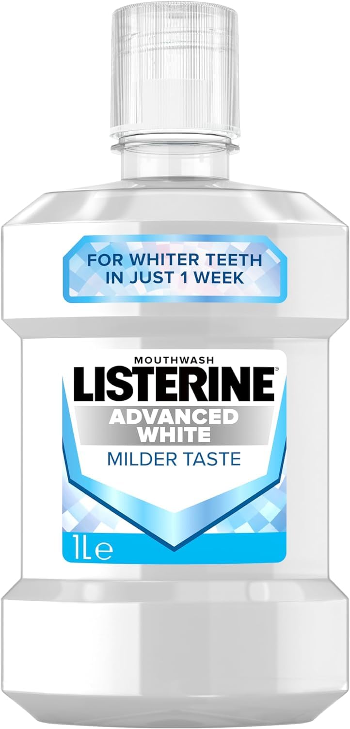 ListerineAdvanced White Milder Taste (Zero Alcohol) Mouthwash (1000ml), Fluoride Mouthwash to Whiten and Protect from New Stains While Remineralising and Strengthening Teeth