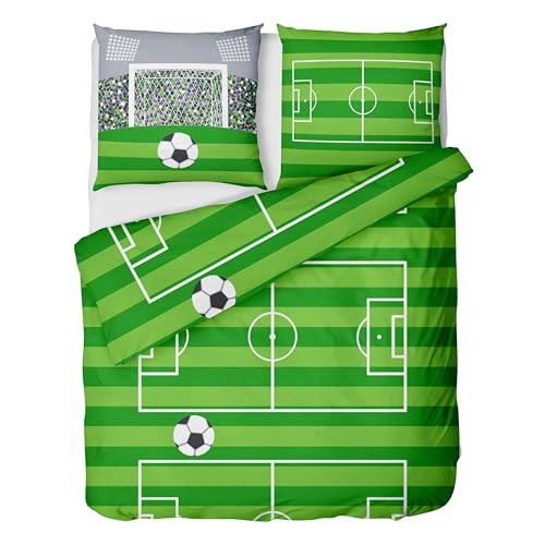 LINKHOFF Fußball Bettwäsche 135x200 cm 2tlg. - Biber Kinderbettwäsche Fußballmotiv in Grün - Bettwäsche-Set für Kinder mit Reißverschluss -...