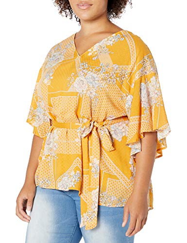 Jessica Simpson Women's Plus Size Cerise Flutter Sleeve Tie Belt Top, Gardenia Yellow Tile, 2X