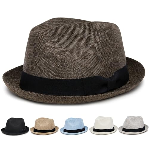 Funky Junque Mens Pork Pie Fedora Hat Lightweight Imitation Linen Sun Hat with Grosgrain Band Breathable and Durable Beach Fedoras Summer Style - Coffee Brown (Large/X-Large)