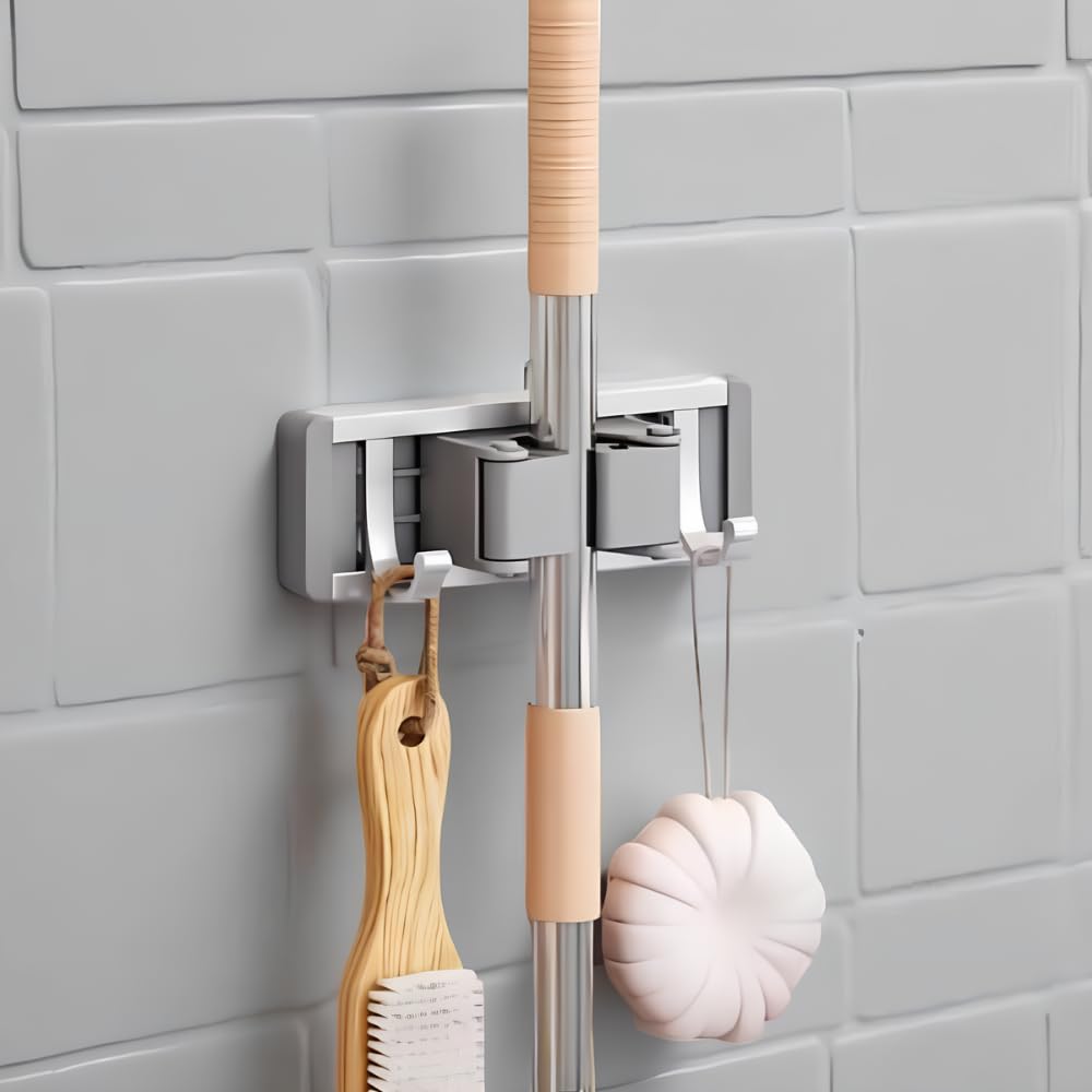 Ash & Roh Space Aluminum Mop & Broom Holder Wall Mount – Heavy Duty Organizer Rack with Non-Slip Rubber Grip, Rustproof Waterproof Storage for Kitchen, Bathroom, Garage (1 Mop Holder 2 Hooks)-image-33