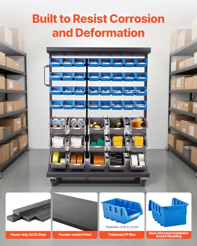 Image of VEVOR 7-Tier Double-Sided Rolling Bin Storage Rack, 94 Plastic Bins, Dual-Sided Parts Organizer with Wheels, Mobile Tool Organizer for Garage, Warehouse, Office, Restaurant, Classroom, Kitchen