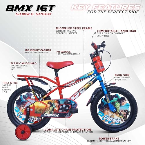 Image of CAPENT BMX 16T Kids Cycle with Carrier & Side Wheels | Rigid Suspension | 11 Inches Frame | Ideal for 4 to 6 Years Boys & Girls Kids Bike (Red-Blue)