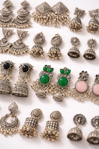 Image of 12 Pair Fashion Earrings Set with Organizer Box | Mixed Stud & Jhumki Combo for Women & Girls | Ready to Gift Pack Black Velvet Display Box for Women & Girls