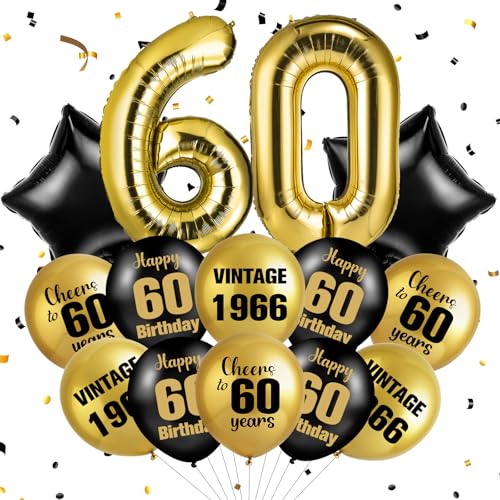 60th Birthday Decorations for Men Women Vintage 1966 60th Birthday Balloons with 32 Inch Gold Number 60 Black Star Foil Balloon Black Gold 60 Year Old Birthday Party Supplies Gifts for Him Her