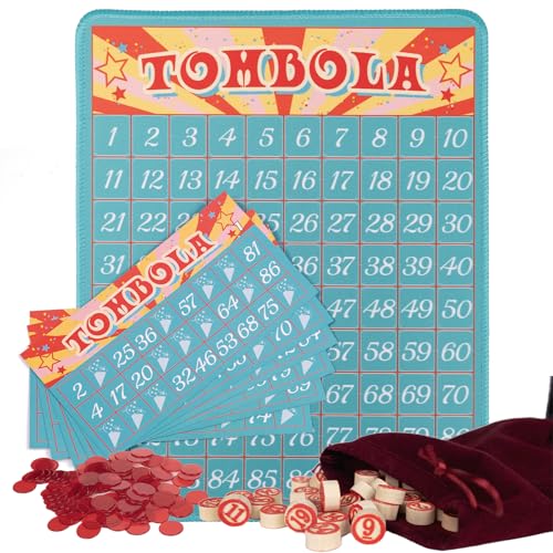 Extguds Tombola Bingo Game Vintage Tombola Italian Game Russian Lotto with number1-90 for Lottery for up to 24 PlayersBlue