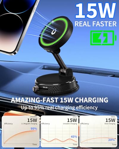 MagSafe Autohalterung 15W Handyhalterung Auto mit Ladefunktion, Magsafe Ladegerät Kfz Magnet Wireless Car Charger mit Vakuum Saugnapf für iPhone 17 16 15 14 13 12 Serie