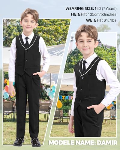 LOLANTA Boys 4-Piece Formal Suit, Wedding Ring Bearer Outfit Vest Suit Pants with White Dress Shirt and Tie for 3-14 Years2