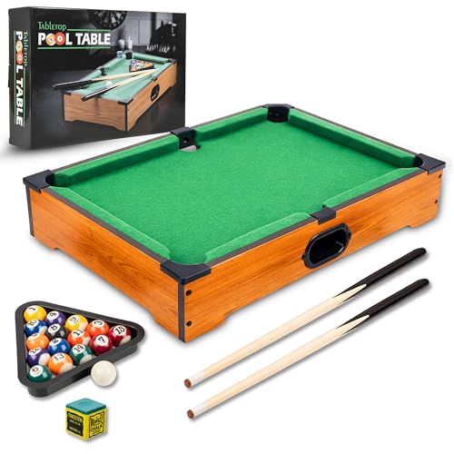 Pool Table Kids Set with Balls Cues 1 Chalk Cube and Triangle Wooden Table Top Pool Table for Kids and Adults Small Snooker and Billiards Game with Lights Compact Indoor Play