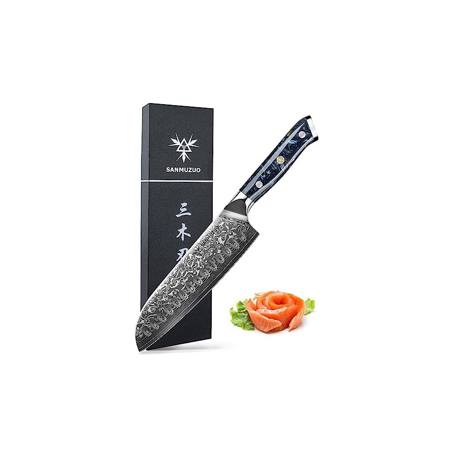 SANMUZUO Santoku Knife - 7 inch - Xuan Series - VG10 Damascus Steel Kitchen Knife - Resin Handle (Starry Black)