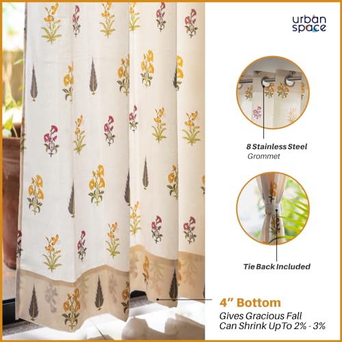 Image of Urban Space 100% Cotton Floral Curtains for Window, 60-65% Light-Filtering Curtains 5 Feet Long Set of 2 with Eyelets and Tieback, High Garden Yellow (Window - 5 Feet X 4 Feet)