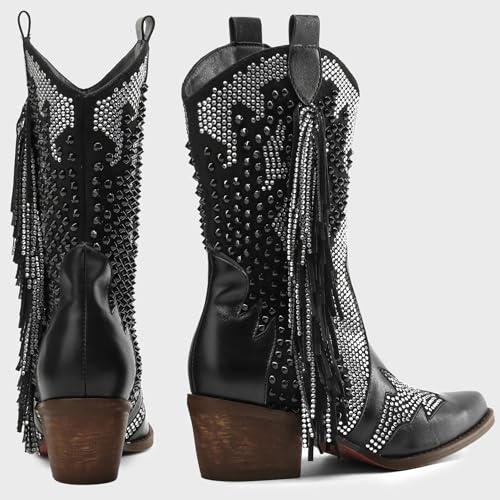 Image of Tsrenlmln Sparkly Rhinestone Cowboy Boots for Women - Pointed Toe Western Ankle Boots with Tassel, 3.74 inch Chunky Heel, Rivet Decorated Slip-On Booties, Party & Casual Wear
