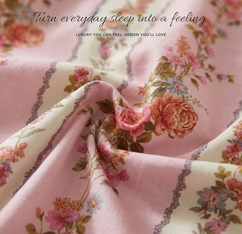 Image of SANMARINO Premium Cotton Double Bed 4 Piece Bedding Set with Frill Border | Comforter with Matching Bedsheet and Pillow | Ultra Soft & Lightweight Quilted Comforter Set |228x228 cm, Rose Garden Pink