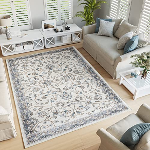 TAPISO Dubai Tapis Poil Court Traditionnel Ivoire Bleu Beige Motif Ornamental Floral Bordure Tapis Salon Chambre Salle à Manger Bureau Oeko-TEX Résistant 250...
