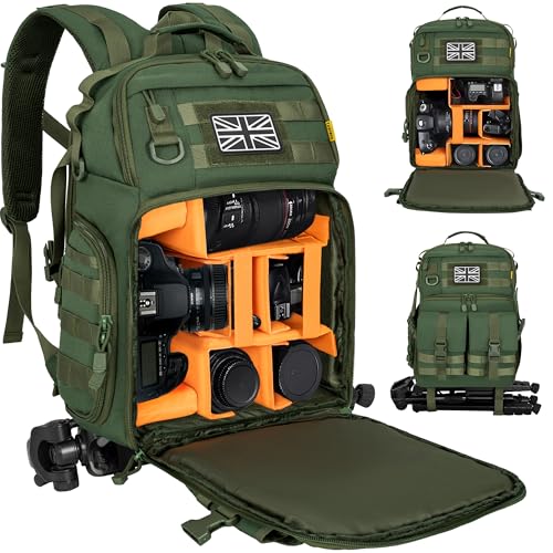Camera Backpack with 15.6 Laptop Compartment – Waterproof Camera Bag, Durable DSLR/SLR Photography Bag Compatible with Canon, Nikon, DJI Drones | Removable Padded Insert | Tripod Holder Strap (Green)