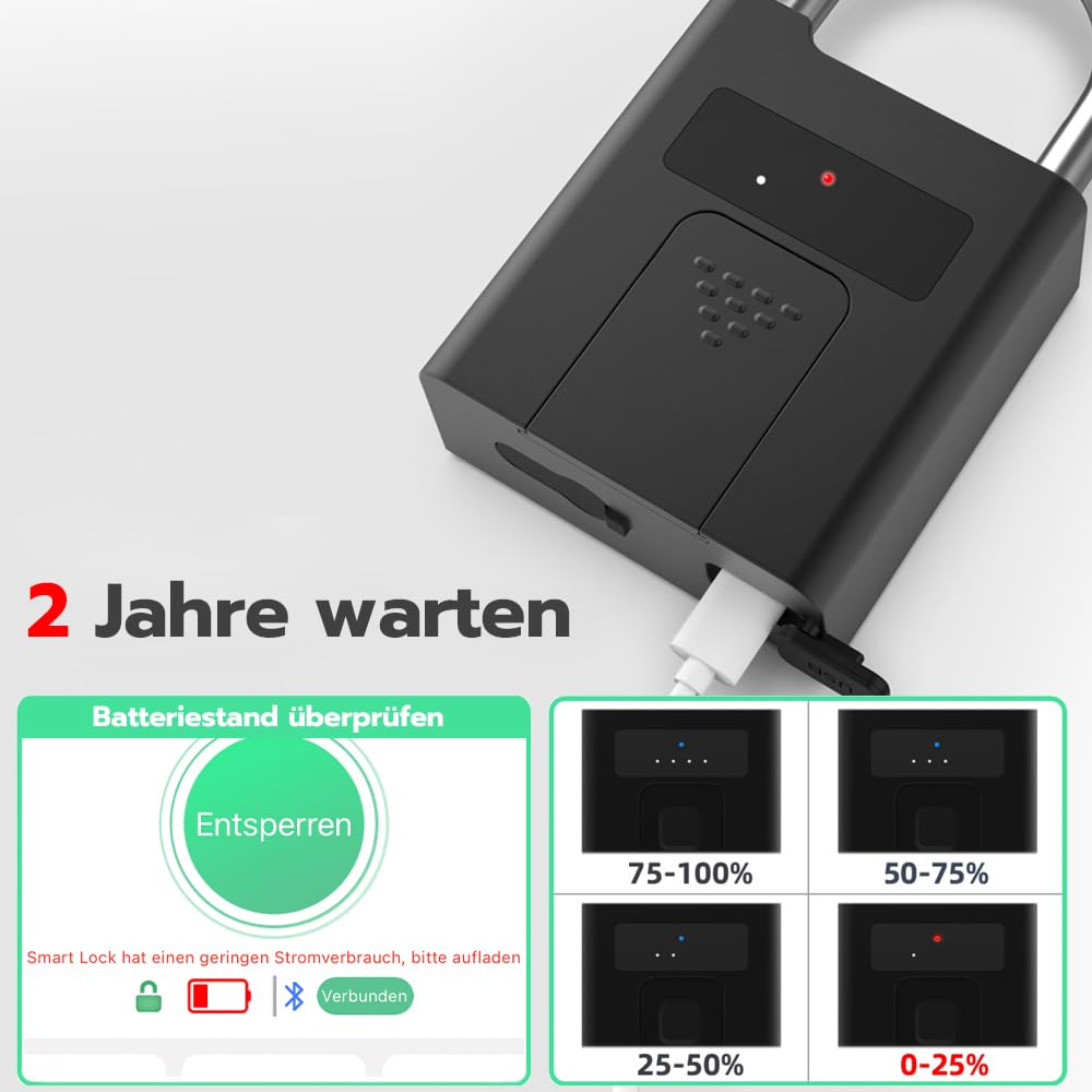 Vorhängeschloss mit Schlüssel eLinkSmart Fingerabdruck Vorhängeschloss wasserdicht stoßfest mit App-Benutzerverwaltung Vorhängeschloss gleichschließend für Außenbereich 500mAh Batterie hält lange