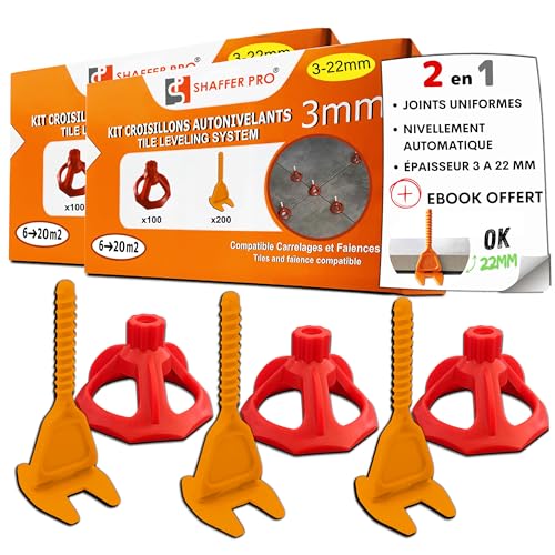 Croisillons carrelage autonivelant 3 mm | 400 clips + 200 cadrans réutilisables | 3-22 mm I Shaffer pro | compatible 20mm I système nivellement à visser | aide la pose de carreaux pour pose Sols/murs