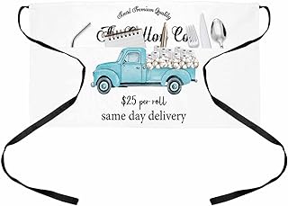 OComster Blue Truck Cotton Paper Waist Server Aprons, Simple Drawn Black White Waitress Apron with Pockets, Waiter Half Apron