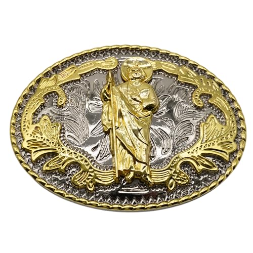 Image of WMG Western St Jude Belt Buckle Gold Silver Saint Jude San Judas Cowboy Buckle Hebilla Vaquero Rodeo