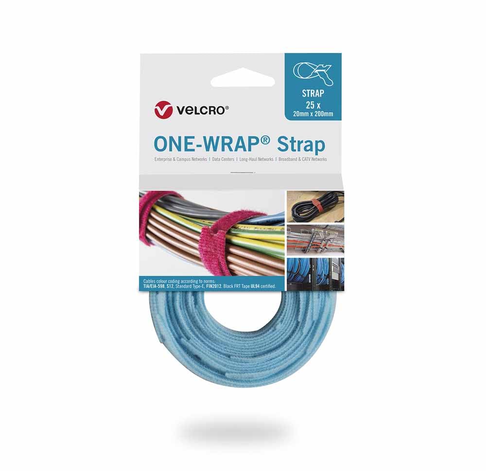 VELCRO® Brand ONE-WRAP® Cable Ties 20mm x 200mm – Aqua | Reusable Hook & Loop Fastener Straps for Cable Management (25 Pack)