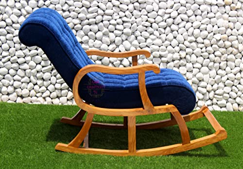 Image of CRAFTCITY Rocking Chair |Sheesham Wood Elegant Rocking Chair with Pillow and Matching Foot Stool and Pre assembeled(Royal Blue)