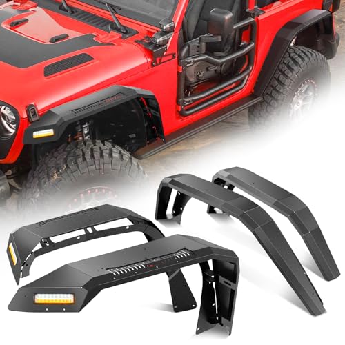 Image of Nilight JL JLU Wide Flat Front & Rear Fender Flares for 2018-2025 Jeep Wrangler JL&JL Unlimited 2 /4Doors (No fit 2020+ Gladiator JT) 4Pcs Off-Road Wheel Fenders w /LED Lights Turn Signal Lights DRL