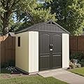 Patiolife 8x6 FT Resin Outdoor Storage Shed with Floor, Plastic Shed with Window and Lockable Door, Ideal for Garden, Backyard, and Tool Storage. Easy Installation in Gray and White