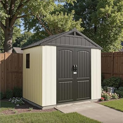 Patiolife 8x6 FT Resin Outdoor Storage Shed with Floor, Plastic Shed with Window and Lockable Door, Ideal for Garden, Backyard, and Tool Storage. Easy Installation in Gray and White