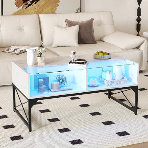 GOPLUS Table Basse Laquée Marbre Verre, Table Basse Salon LED Lumières avec Télécommande 20 Couleurs Réglables 4 Cubes, Plateau en Faux Marbre et Verre...