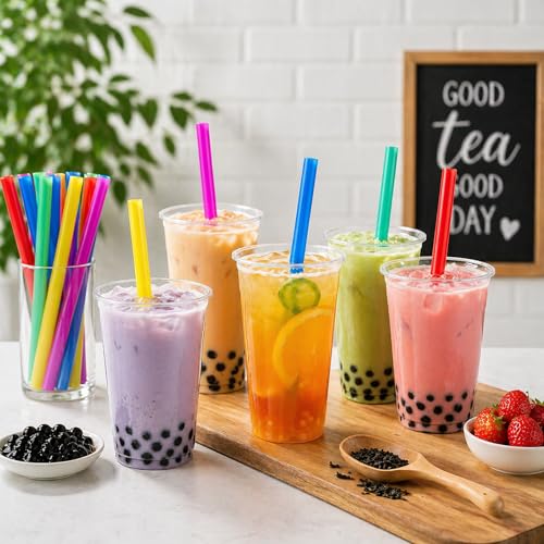 Image of ALINK 100 Extra Large Plastic Bubble Tea Smoothie Straws, 1 /2 inch Wide X 8 1 /2 inch Long Jumbo Boba Straws for Milkshakes, Milk Tea, Slush, Juice, Party (Pack of 3)