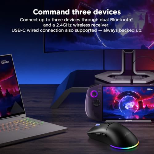 Image of Lenovo Legion M220 Wireless RGB Gaming Mouse, Dual Channel Bluetooth, 2.4Ghz Wireless, USB-C Charging, 5-Level DPI Switch, Symmetrical Medium-Large Size, Black