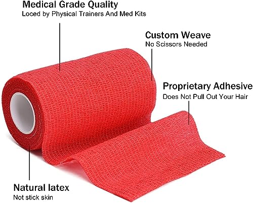 Image of Self Adhesive Cohesive Bandage Wrap for Humans & Pets | Breathable Athletic Tape for Sports, Injury, Knee & Wrist Support (5cm x 4.5m, Pack of 4) (Red)