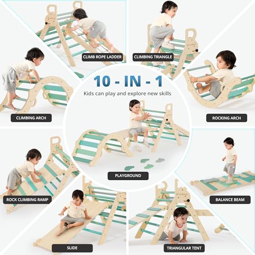 Image of BlueWood 10-in-1 Pikler Triangle Set, Toddler Climbing Toys Indoor, Montessori Climber, Baby Jungle Gyms with Arch, Extra Rope Ladder & Footprint Balance Beam - Emerald Forest