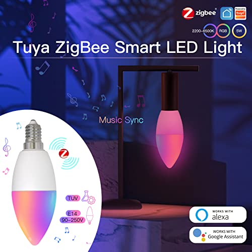 Bombilla LED E14 ZigBee, E14 5W Forma de vela, RGB CCT regulable, Compatible con Alexa, Compatible con Philips HUE 3.0 (1)