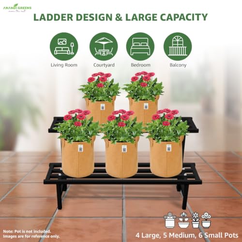 Image of Anandi Green's Black Heavy Duty 2 Tier Metal Plant Stand for Grow Bags Planters and Pots Rust Resistant Plant Pot Holder Rack for Outdoor Balcony Indoor Living Room and Garden Supports Up to 100 kg
