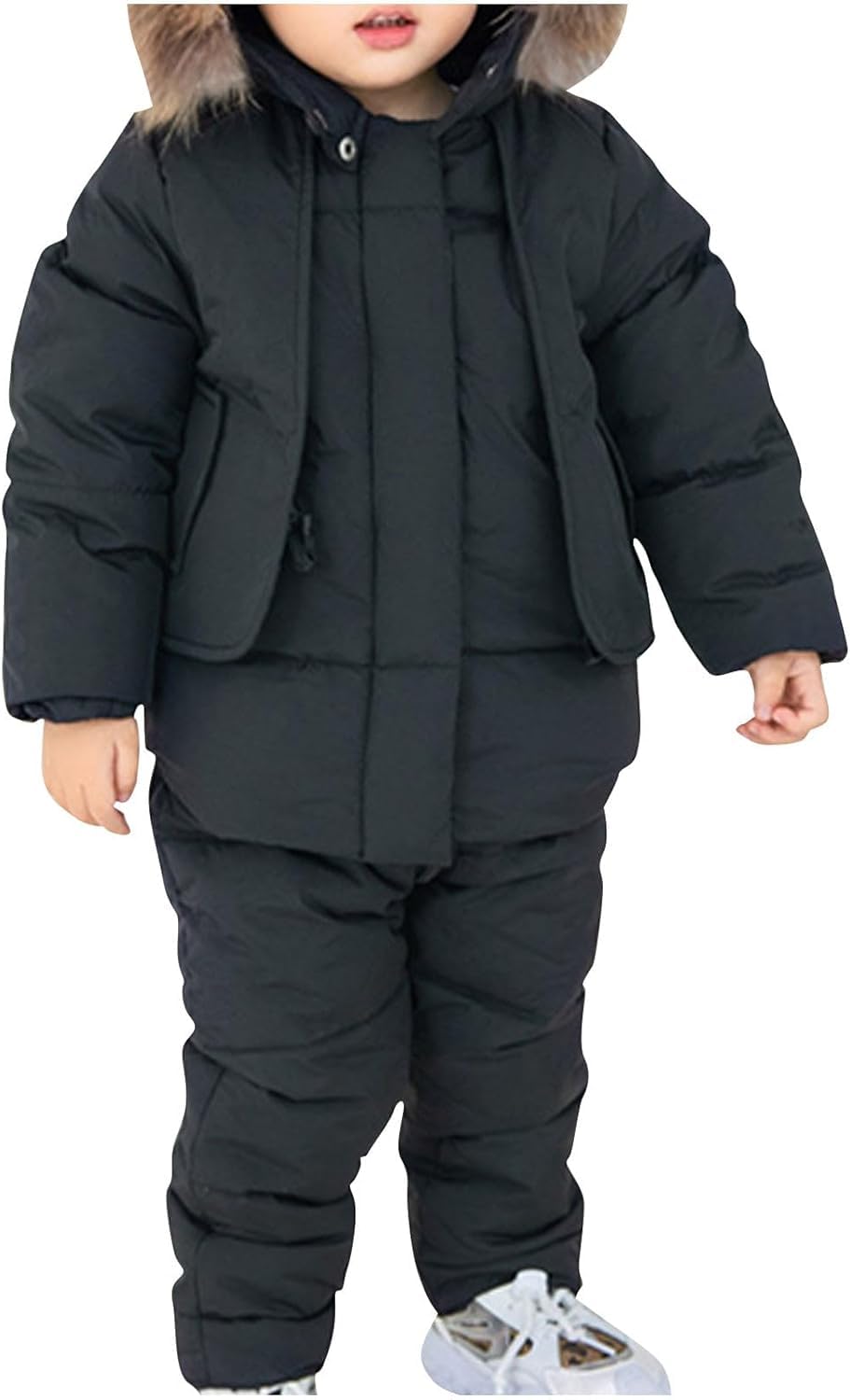 Traje de esquí de Dos Piezas con Cuello de Piel Grande para niños Traje de esquí Impermeable y a Prueba de Viento Pantalones de esquí para niños y niñas Traje cálido