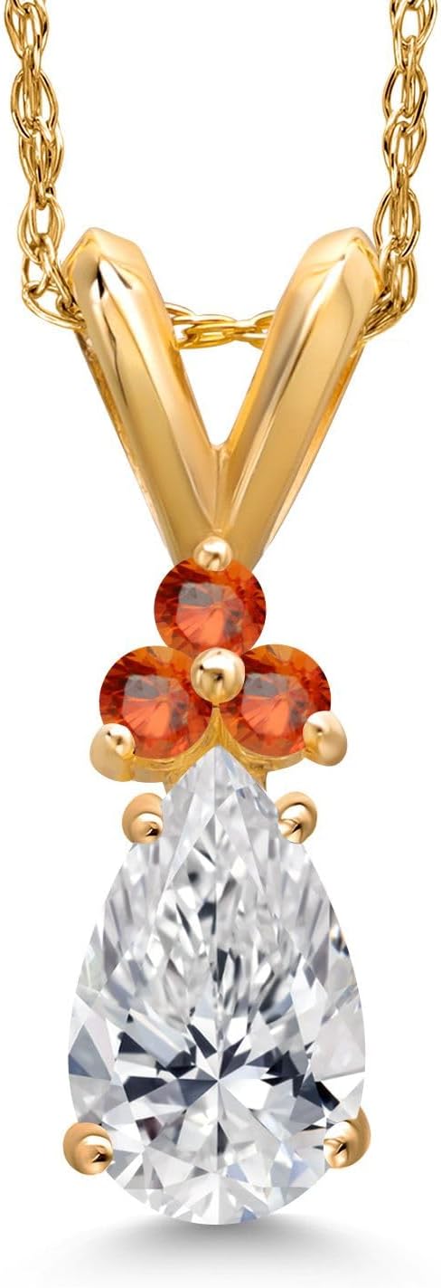 Gem Stone King 14K Yellow Gold DEF Lab Grown Diamond and Orange Sapphire Pendant Necklace for Women | 0.58 Cttw | Gemstone April Birthstone | Pear Shape 7X5MM | With 18 Inch Chain