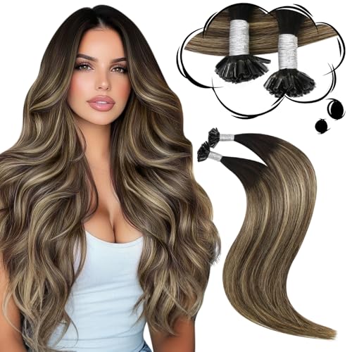 Image of Moresoo U Tip Hair Extensions Human Hair, Black Blonde Balayage, 14 Inch | 50g 50 Strands, Ombre Brown with Blonde, pre bonded keratin tips for salon application, suitable for adding length and volume