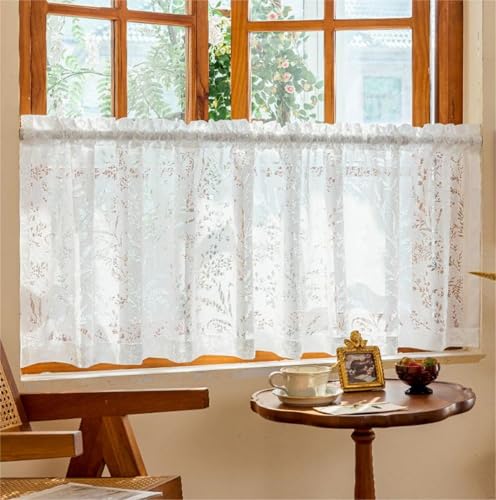 Yaland Jacquard Net Curtain with Delicate Leaf Pattern, Hole Embroidery, Bistro Curtain with Rod Pocket, Privacy Screen, Kitchen, 1 Piece, White, H x W 40 x 200 cm