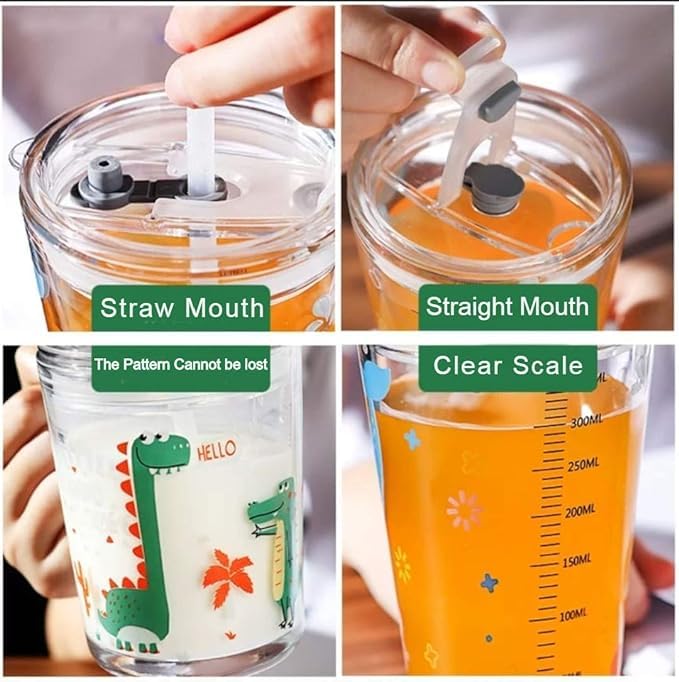 Shivaaro Cartoon Printed Milk Glass Sipper Mug Jar with Silicone Straw and Lid - Measuring Scale Drinking Cup for Kids Boys and Girls Perfect for Milk,Juice,Coffee 400 ML (1) 1