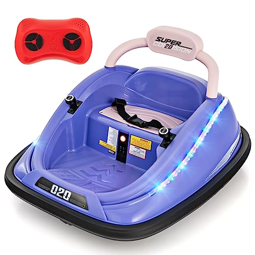COSTWAY 12V Kids Bumper Car, 360-Degree Rotation Spin Children's Waltzer Cars with Dual Joysticks, Remote Control, Colorful Flashing Lights and Music, Battery Powered Ride on Vehicle for 3+ (Purple)