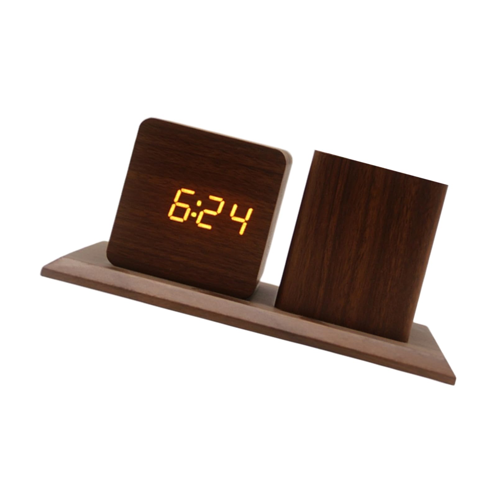 Hsyzygian Multifunctional Wood Desktop Clock with 3 Alarms Pen Storage Voice Activated Backlight and Temperature Reading Kids Room Alarm Clock