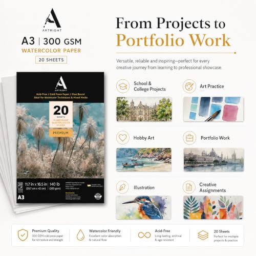 Image of ArtRight Artists' Watercolor Paper A3 300 GSM - 20 Sheets of Handmade Rough Grain Water Colour Papers for Watercolour, Acrylic, Gouache, Ink & Mixed Media
