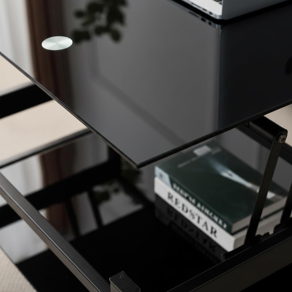 Black Lift Top Coffee Table, Modern 2-Layer Tempered Glass Small Center Table with Storage, Adjustable Lifting Coffee Table Desk 37.8" W×21.26" D×17.7" H for Living Room Bedroom Office