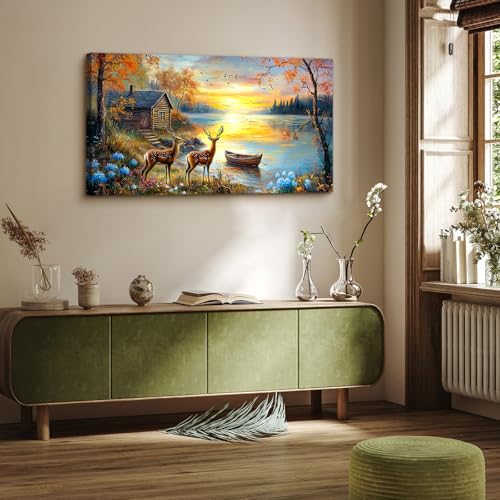 crmotu Animal Landscape Wall Art, Lake Sunset Scenery Large Artwork, Cottage Deer Flower Rustic Canvas Art Prints, Nature Autumn Scenic Paintings Wall Decor Living Room Bedroom Kitchen 20X40 In